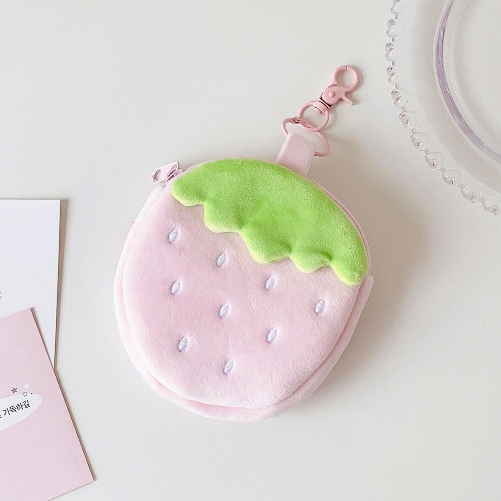 Zipper Design Plush Strawberry Keychain Lipstick Card Bag Earphone Bag Key Pendant  Student