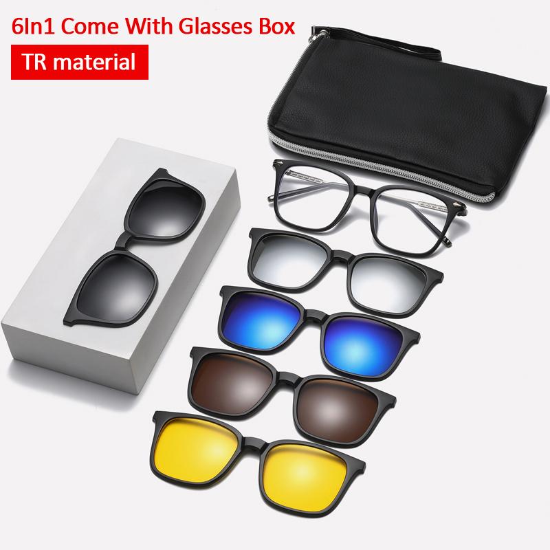 Magnetic Sunglasses TR90 Women Polarized Clip On Sun Glasses Eyeglasses 6 In 1 Sets Glasses Men Frame  UV400  Anti-Glare Female