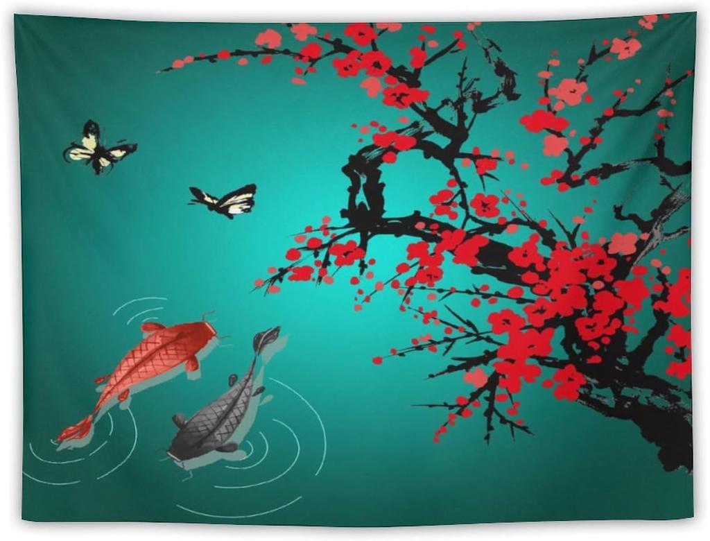 Japanese Red Geisha Tapestry Asian Cherry Blossom Traditional Kimono Folk Tapestries Home Decor Living Room Bedroom Apartment