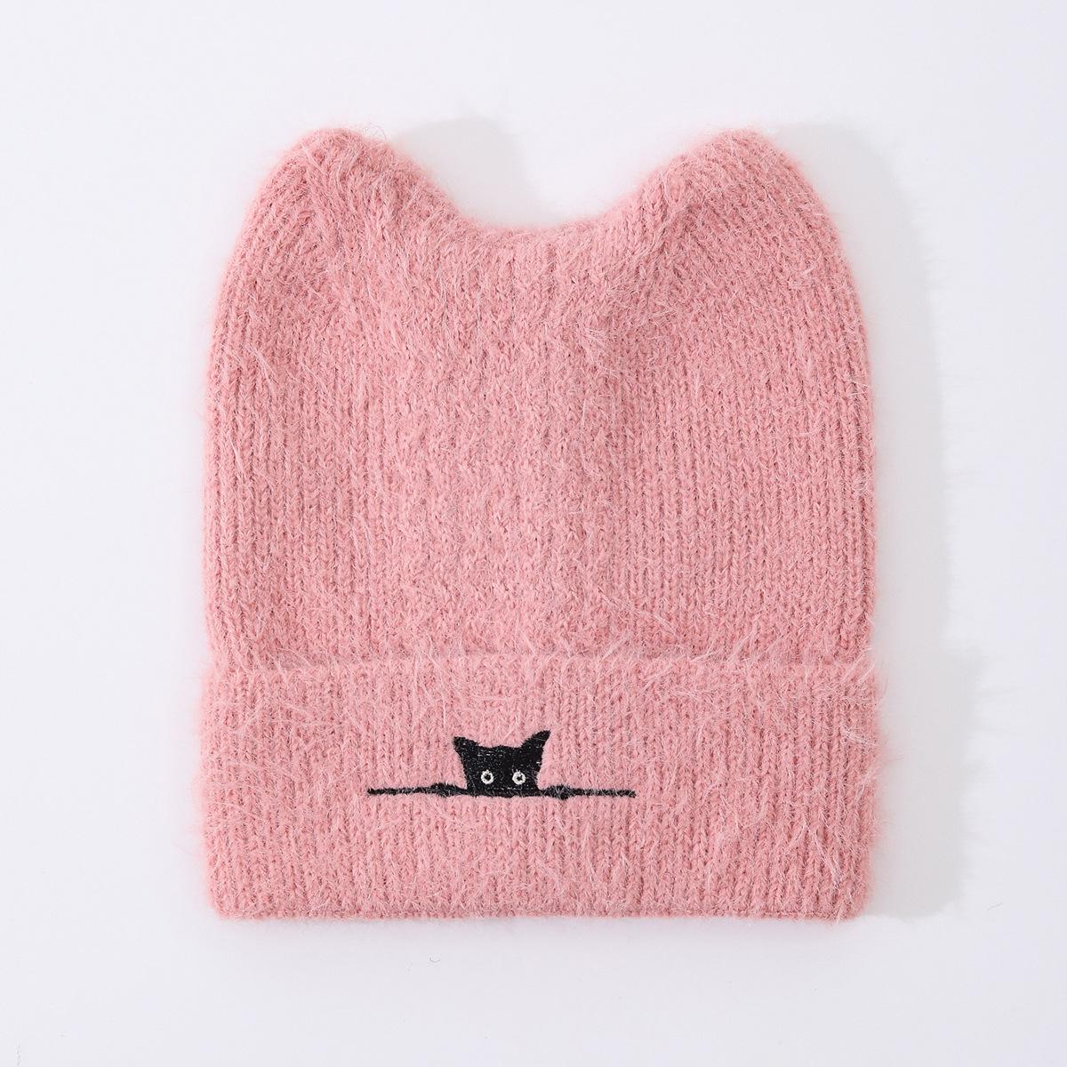 

Black Cat Print Knit Hat with Cute Ears - Slimming, Warm & Versatile Autumn/Winter Accessory розовый