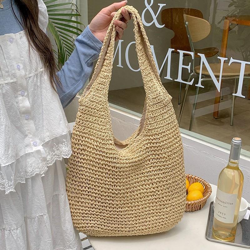 Versatile One Shoulder Straw Woven Bag Lazy Style Handmade Woven Bag Large Capacity Zipper Tote Bag Women's Vacation Beach Women's Bag