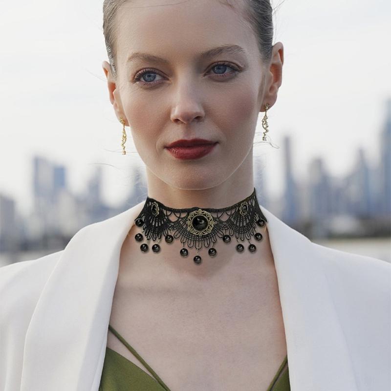 Gothic Lace Floral Choker for Women Choker Handmade Collar with Dangling Beads Adjustable for Bachelorette Party Wedding