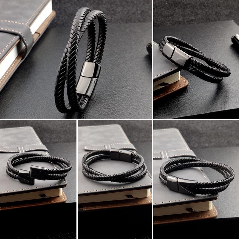Punk Charm Customize Name Black/brown/blue/coffee Braided Leather Bracelet For Men Engraved Stainless Steel For Women Jewelry