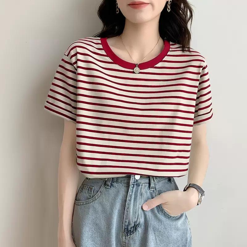 Summer thin new style all-match loose cotton green striped T-shirt women 965