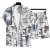 Modisches Herren Sommer Urlaubsstil Hawaiianische Kokosnuss Strand Aufdruck Lässiger Komfort Kurzarmhemd Strandshorts 2-teiliges Set