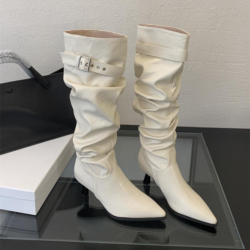 Autumn and winter new niche thin knight boots pointed boots women's belt buckle high boots temperament versatile fashion single boots