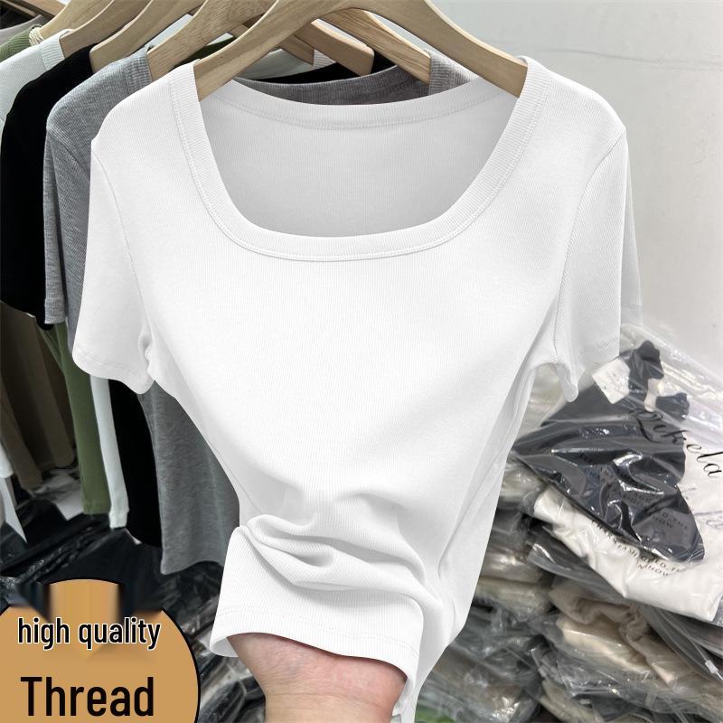 Summer Square Neck Ribbed Soft Short Sleeve Top - Women's Solid Color Simple Style