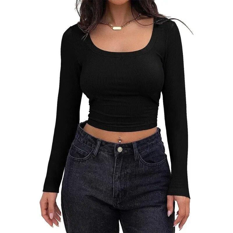 Podzimní Krátké tričko Slim Fit Žena Jednobarevné Dlouhý rukáv Sexy Dámské tričko se čtvercovým výstřihem Módní Dámské Ležérní Pletené trička Topy 30288