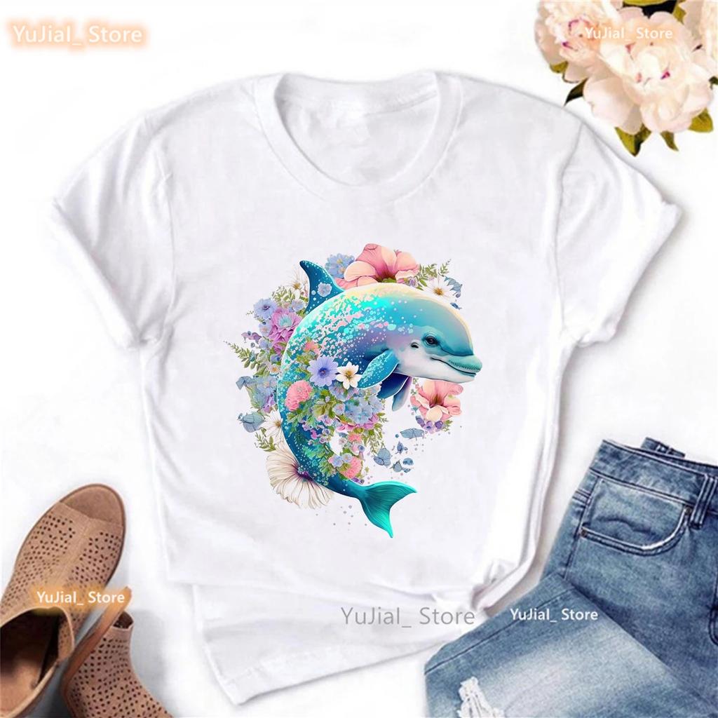 Funny Dolphin Print Tshirt Unisexs Clothing Harajuku Kawaii Clothes Whale Flowers Summer Tops Fashion T Shirt Femme