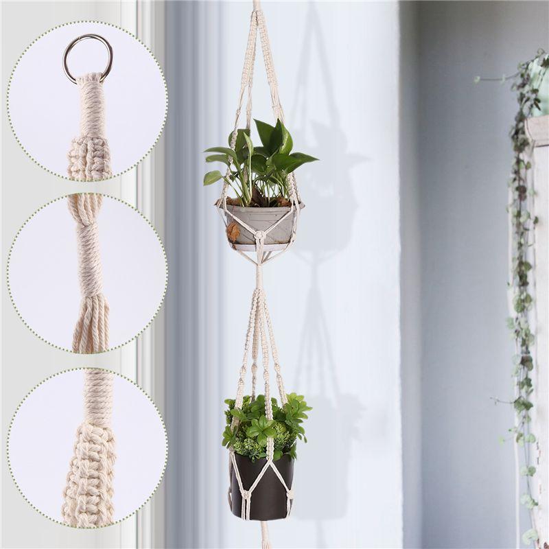 M-Modern-Macrame Double Plant Hanger Indoor Outdoor 2 Tier Hanging Planter Cotton Rope 4 Legs 67 Inch