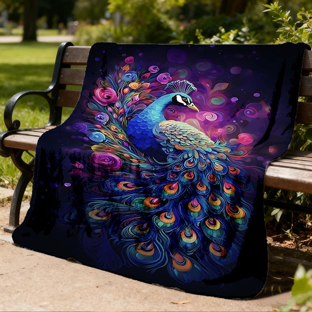 1pc Peacock Feather Print Outdoor Blanket, Lightweight Polyester,