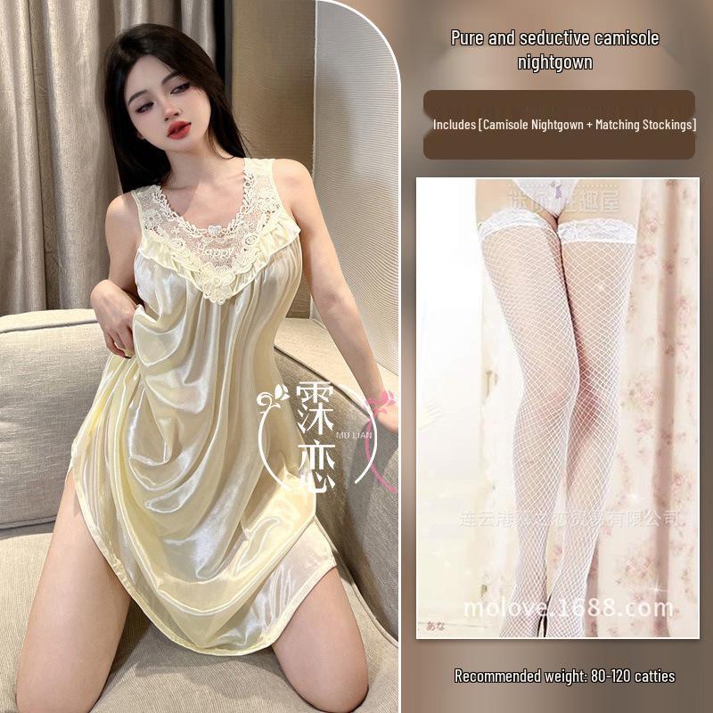 Cămașă de noapte Milian Mărimi Mari din Dantelă - Lenjerie de Noapte Coreeană fără Mâneci