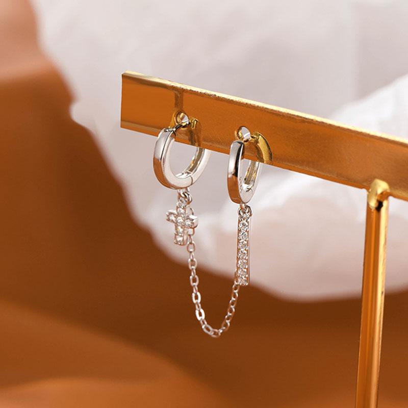 ANENJERY Double Pierced Hoop Earrings For Women Classic Zircon Cross Bar Earrings