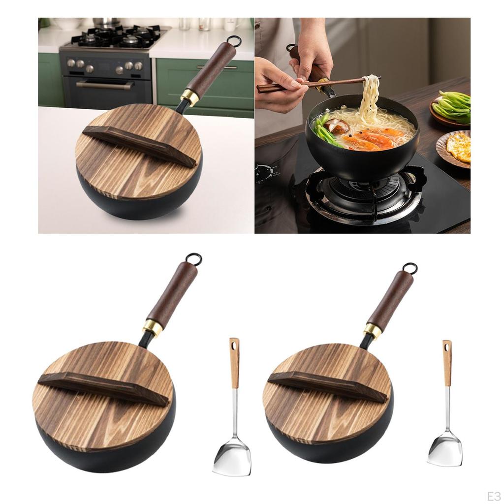 Kompaktowa patelnia do smażenia z drewnianą pokrywką do gotowania indukcyjnego i gazowego