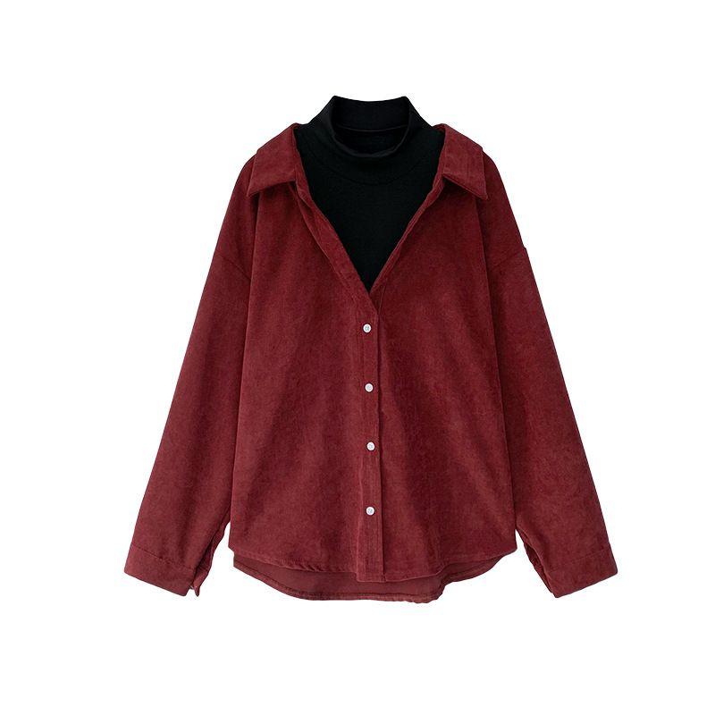 Fake Two Piece Turtleneck Loose Shirt Women's Fake Two-Piece-Style High Collar Loose Shirt