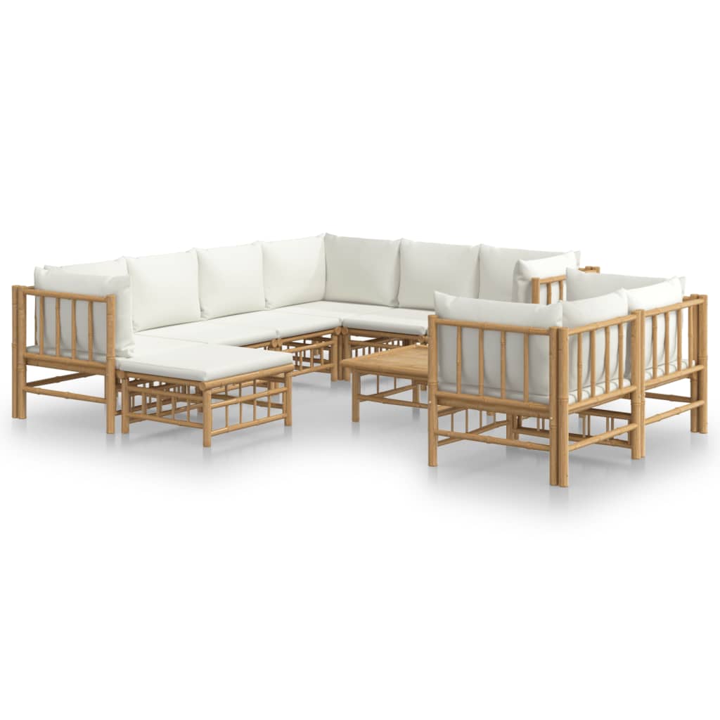 Vidaxl 10-Cz. Garden Furniture Set, Cream Cushions, Bamboo