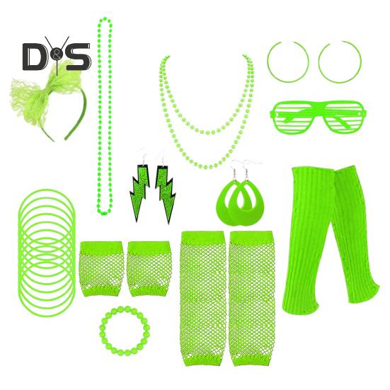 80s Neon Costume Accessories Set Knitted Leg Warmers Headband Gloves Earrings Bracelet Beaded Necklace Set Fancy Party Accessories