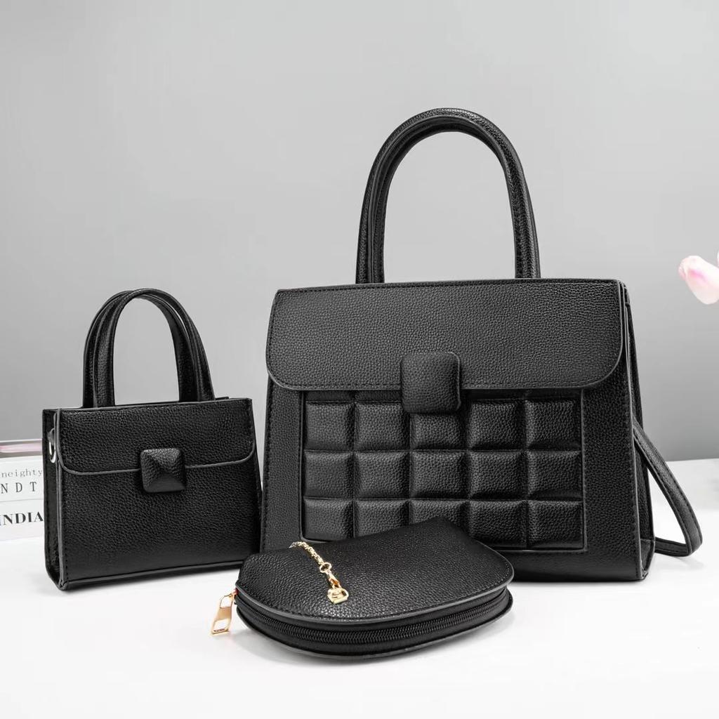 Fashion Retro Large Capacity Tote Bag Korean Single Shoulder Crossbody Bag Three Pieces Versatile Stitching Checkered Handbag PU