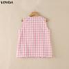 VONDA Summer Women Casual Round Neck Sleeveless Plaid Print Tank Tops