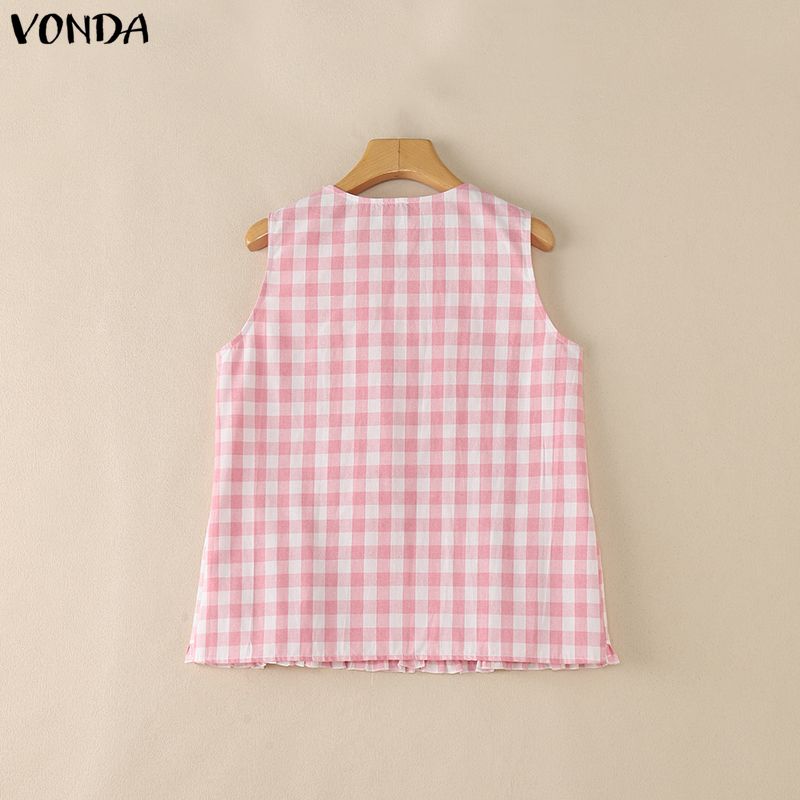 VONDA Summer Women Casual Round Neck Sleeveless Plaid Print Tank Tops