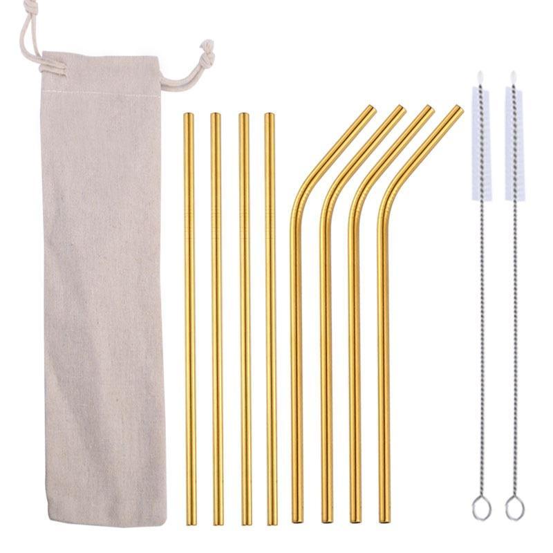 10 Pcs Metal Reusable 304 Stainless Steel Straws Straight Bent Drinking Straw with Case Cleaning Bru
