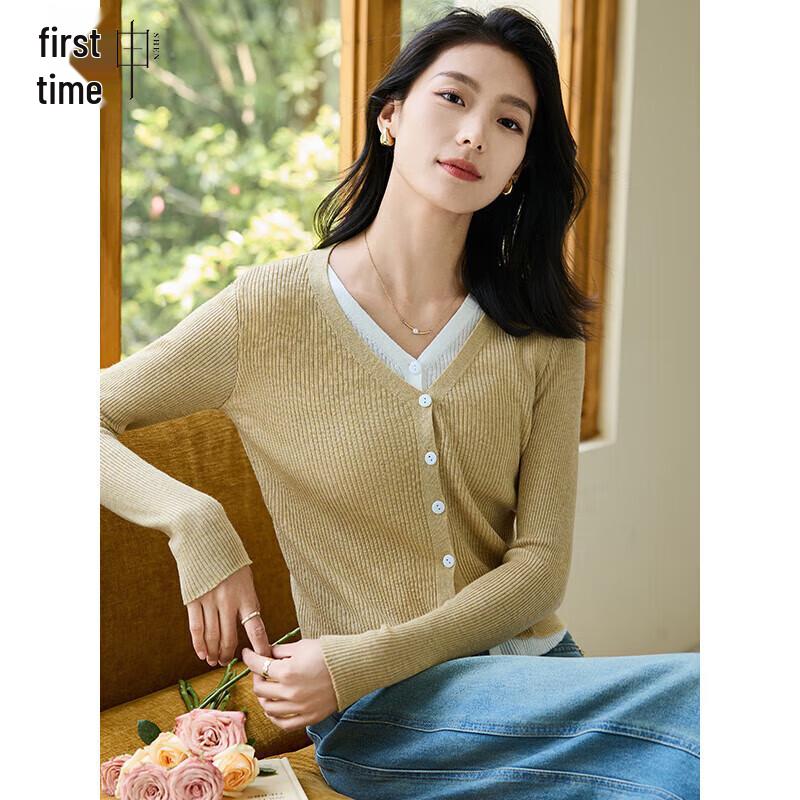 Chushen Damen V-Ausschnitt Faux-Zweiteiler Wollmischung Stricktop