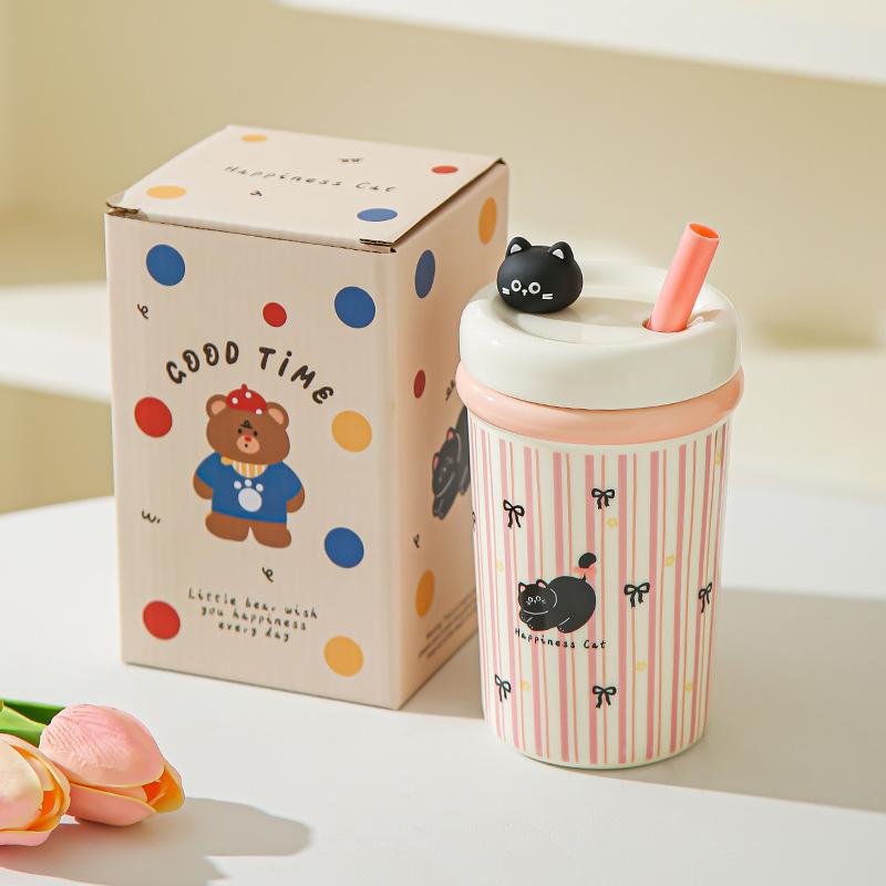 Girl's Heart Cute Pet Mug Cute Straw Ceramic Cup with Lid Spoon Girls Coffee Milk Cup Birthday Gift
