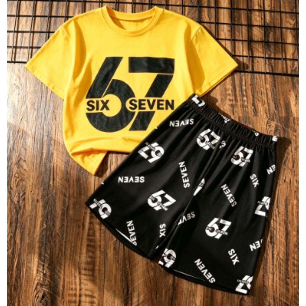 Herrset Six Seven 67 Tryckt Herr T-shirt och Shorts 2-delat Set Sommar Casual Utomhus Herr- och Dam-T-shirtset