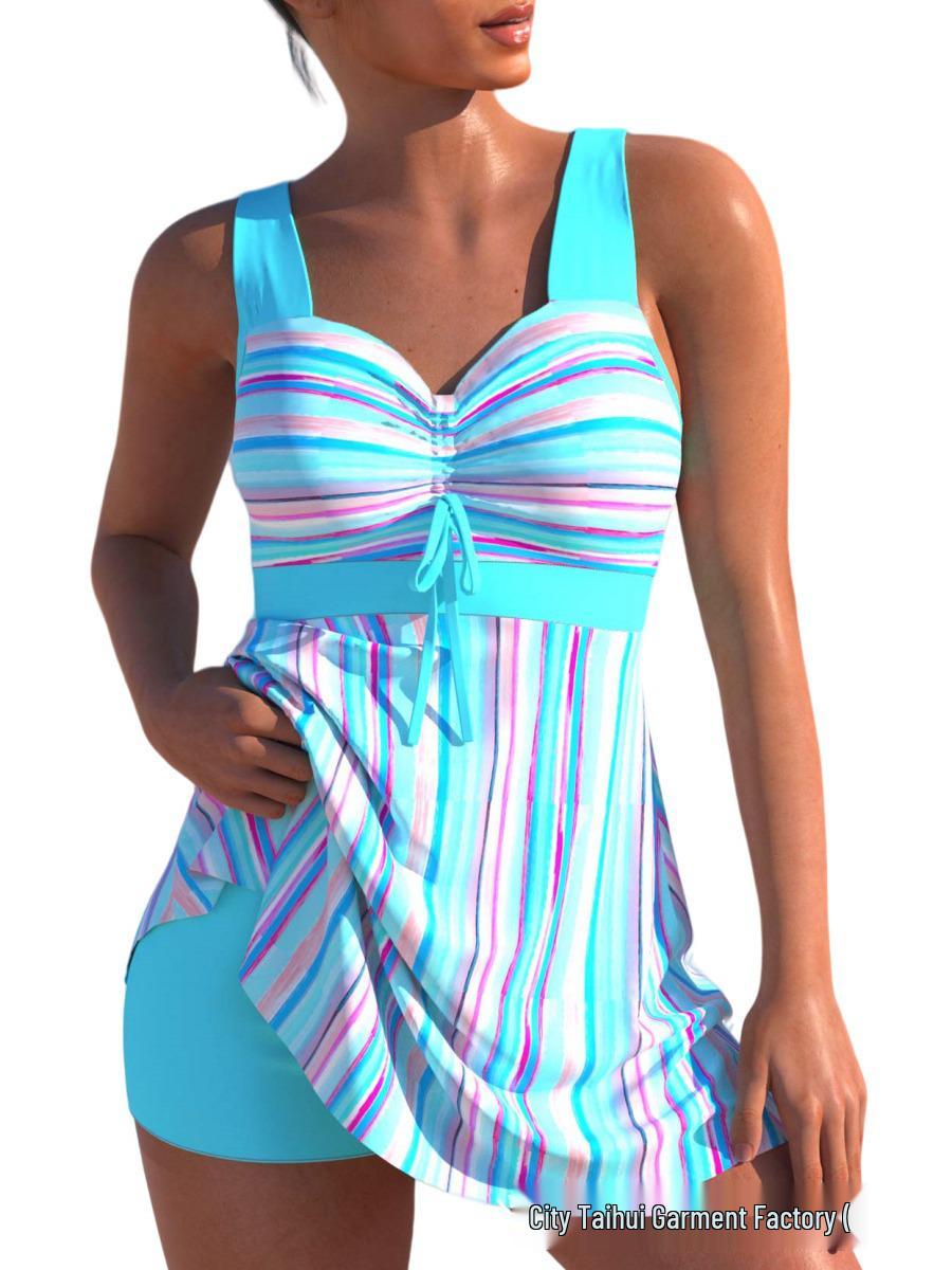 

2025 Women s High Waist Tankini: Striped Print Two-Piece Skirt Swimsuit S