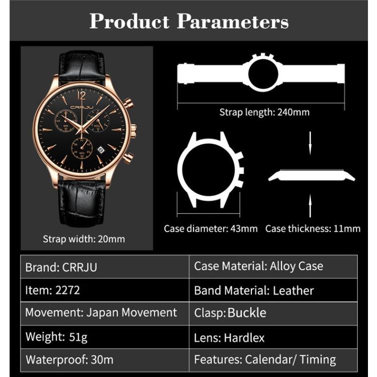 CRRJU New Leather Strap Men's Watch 2313 Steel Strap Watch Simple Business Personality Men Fashion Waterproof