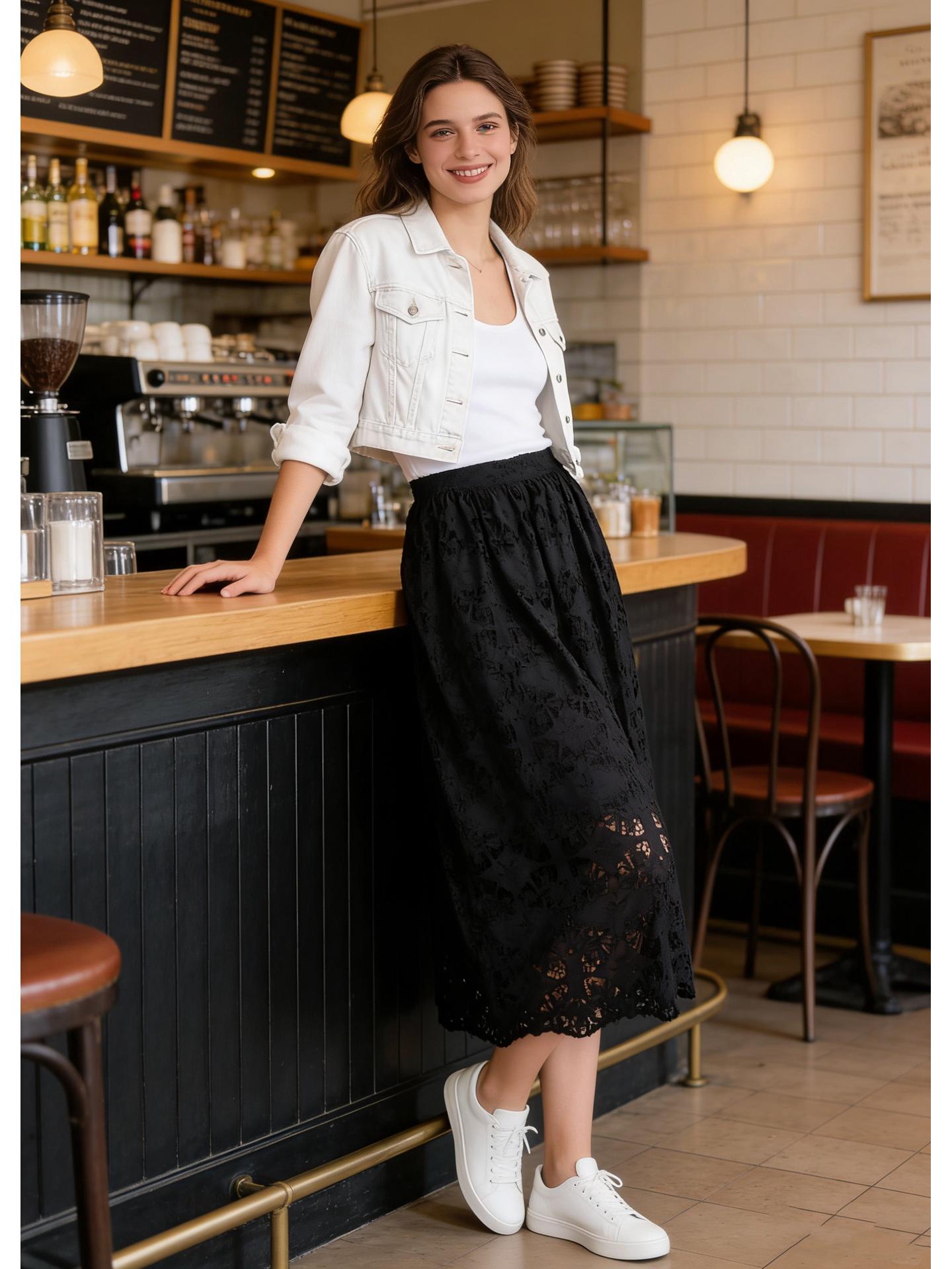 Nanyou Women s Spring 2026 High-Waisted Lace Midi A-line Skirt - Slimming & Versatile Small чёрный