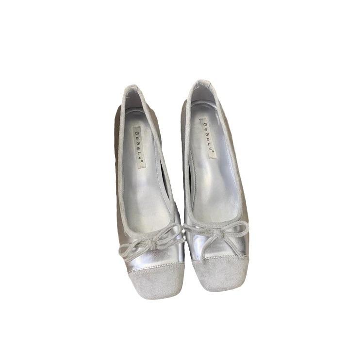 Inner height increase silver single shoes women's spring and autumn new French bow gentle fairy height increase one pedal red ladyshoes