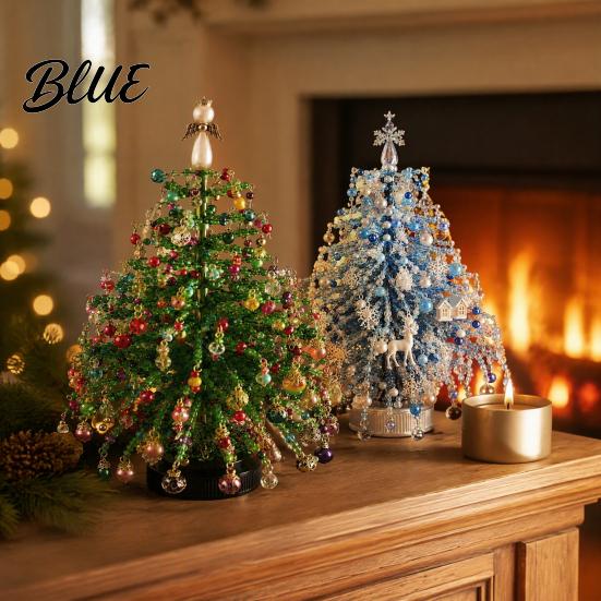 Tabletop Holiday Decor for Adults 2 Pcs DIY Beaded Christmas Tree Kit with LED Light Handmade Mini Keepsake Making Set Faux Crystal Bead Art