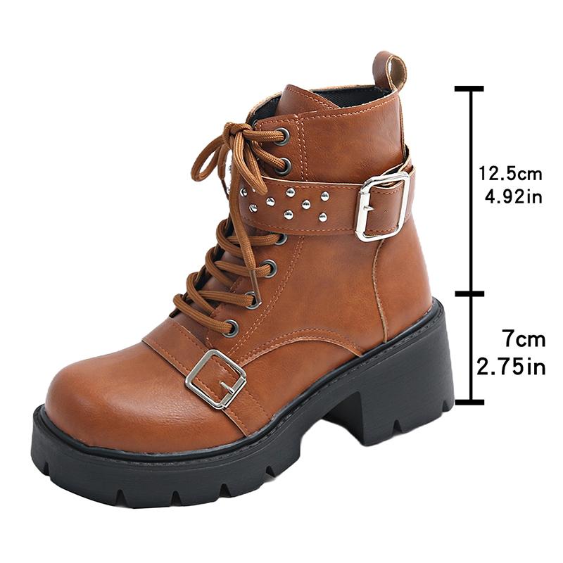 Fashion Punk Gothic Platform Ankle Boots for Women Chunky Heel Lace Up Black Combat Boots Women Buckle Strap Rivets Motorcycle Booties