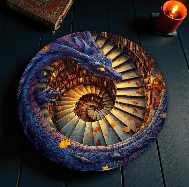 Vintage Fantasy Round Carpet Spiral Staircase Bookshelf Black Cat Design Rug Anti-slip Water-absorbing for Living Room Bedroom