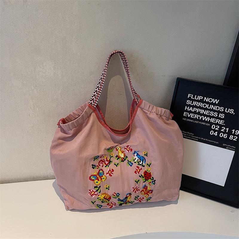 Grote Capaciteit Pendelaar Geborduurde Canvas Tote Bag Dames Nieuwe Enkele Schouder Tas Casual Bloemenpatroon gray