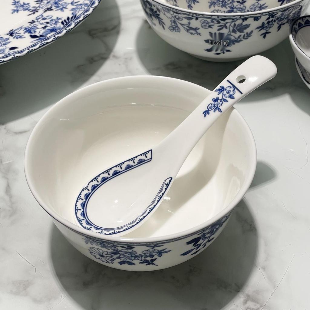 Blue and White Porcelain Pastoral Style Large Noodle Bowl, Microwave-Safe Ceramic Vegetable Dish, Underglaze Tableware