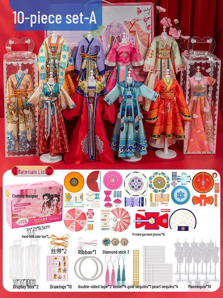 Children's DIY Fashion Design Hanfu Doll Set - Birthday Gift for Girls Ages 6-10, Features 7 Chinese Style Dress-Up Options