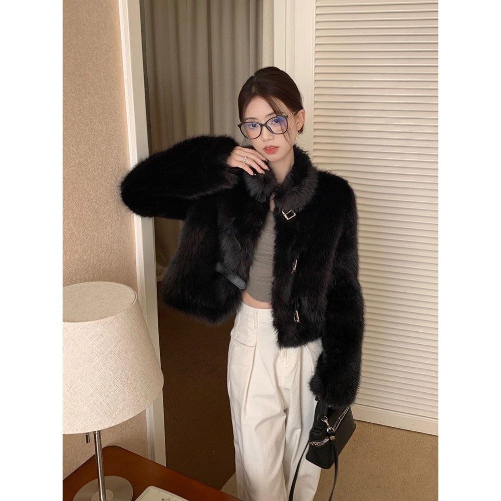 Ekologický kožich Zimní Malý Nový Imitace Liščí Kožešiny Módní Dámské Oblečení Černý Stojáček Top Trendy