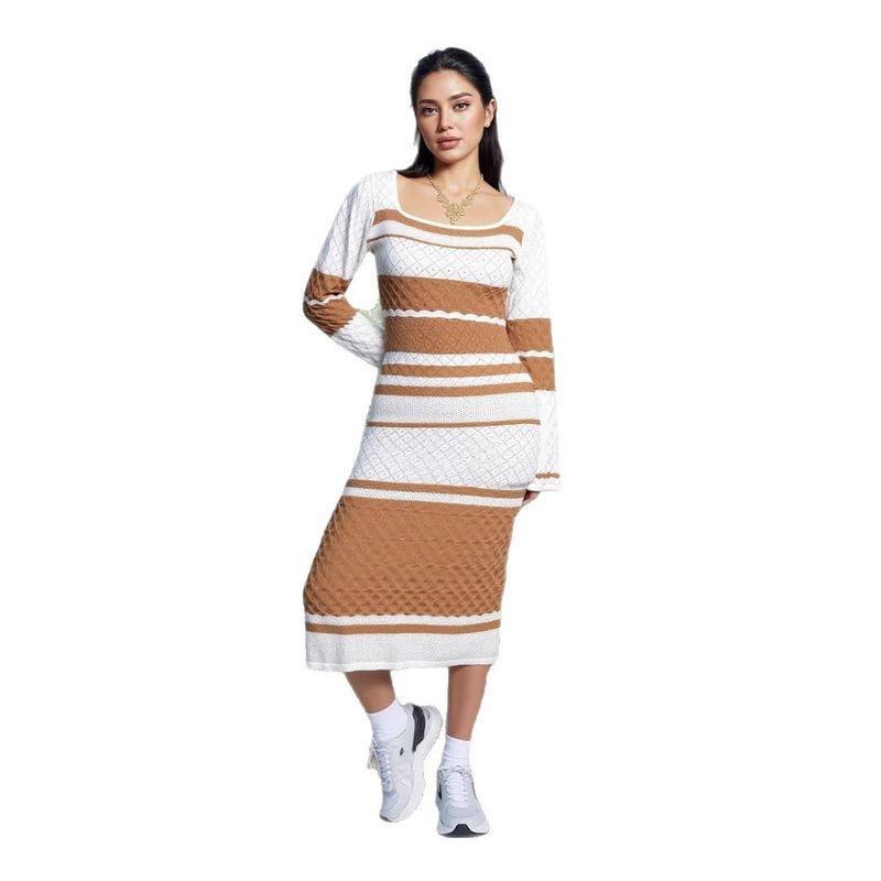 European and American New Fashion Casual Slim Fit Knitted Stripes Long Sleeve Dress Knitted Striped Dress