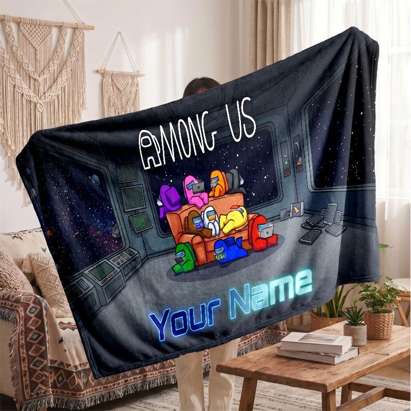 Among Us Flannel Blanket, Custom Name Text Personalized Soft Throw Blanket Home Decor Gift