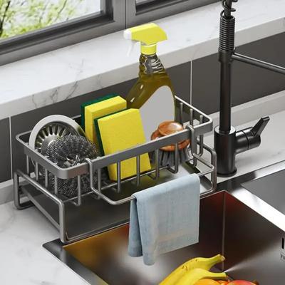 Self-Draining Sink Shelf Stainless Steel Kitchen Sink Drain Rack Sponge Storage Faucet Holder with Rod Kitchen Sink Organizer