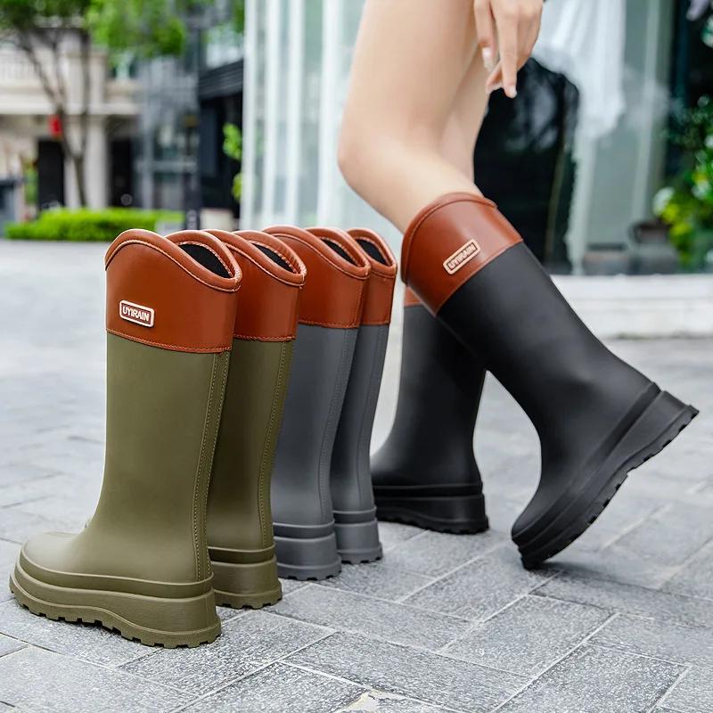 Damen-Gummistiefel Mode Kniehoch Gummi-Gamaschen Wasserdicht Gartenarbeitsstiefel PVC-Gummistiefel Winter Warm Baumwoll-Regenstiefel