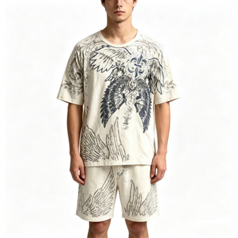 Summer Casual Angel Wing Printed Round Neck Short Sleeved T-Shirt And Shorts Set Men's and Women's T-shirt Shorts Set