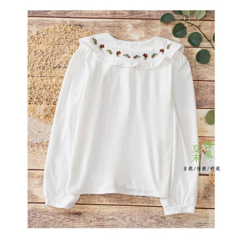 New Autumn Winter Peter Pan Collar Embroidered Shirt for Women Corduroy Ruffle Lace-up Long Sleeve Top