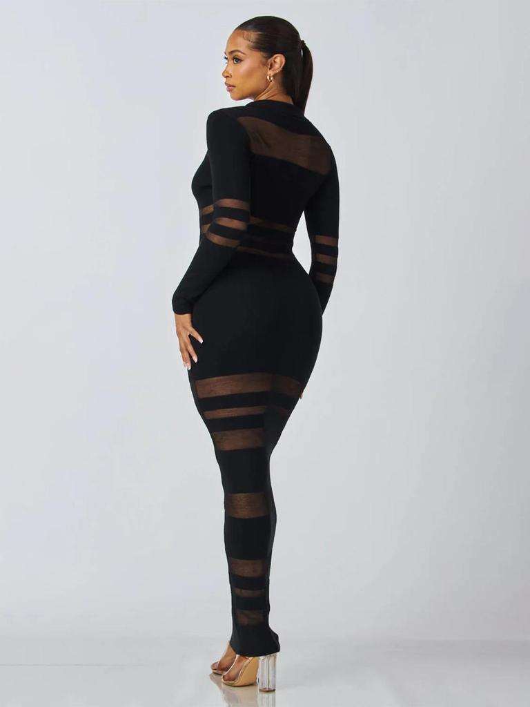 TW823 European and American Women's High-End Mesh Splicing Slim-Fit Waist-Cinched Long Dress for Autumn and Winter