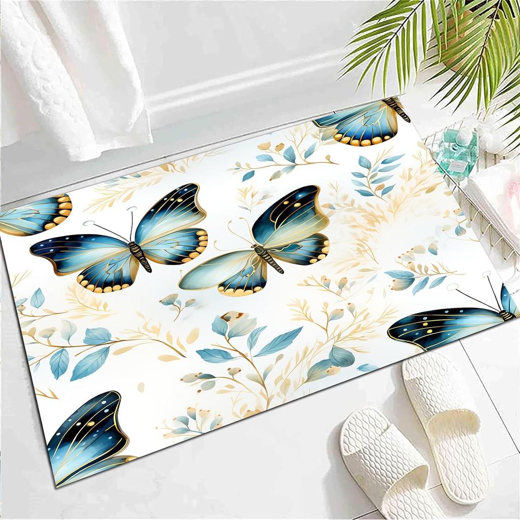 Wild Animal Butterfly Carpet Spring Garden Plant Floral Rug for Bedside Sofa, Botanical Flower Floor Mat Home Entrance Doormat
