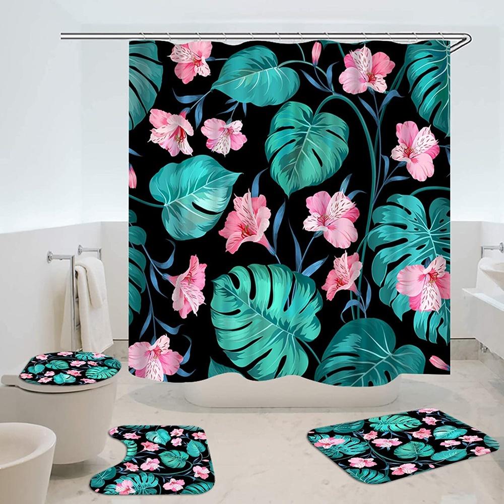 Green Leaves Shower Curtain Sets Spring Rural Plant Flower Bathroom Curtains Non-Slip Toilet Lid Cover Rug Baths Mats Home Decor