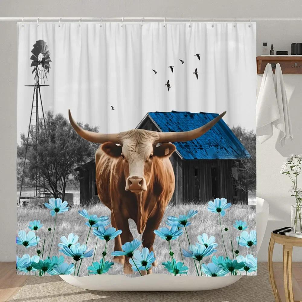 Highland Cow Shower Curtain Farmhouse Funny Bull Rustic Western Watercolor Spring Florral Cute Animal Plant Kids Bathroom Decor