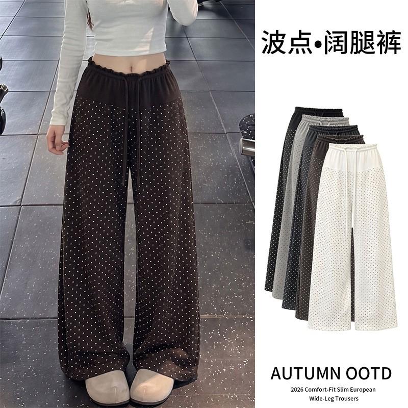 Womens High Waist Polka Dot Loose Casual Drawstring Wide Leg Pants
